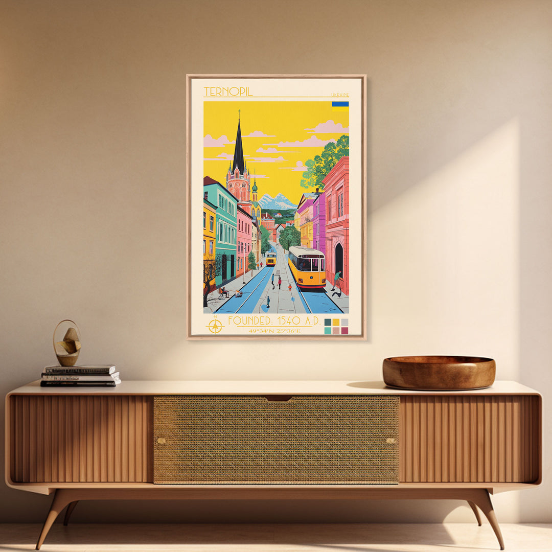 Ternopil Ukraine Travel Poster Framed Canvas Print, Midcentury Modern Art, Pop Art Wall Decor, Living Room Art, Scenic Wall Art