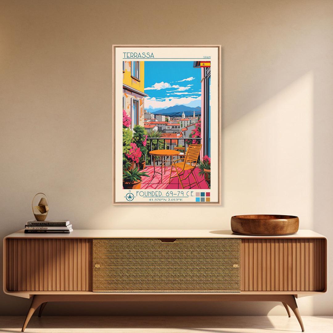 Terrassa Spain Travel Poster Framed Canvas Print, Midcentury Modern Art, Pop Art Wall Decor, Living Room Art, Home Decoration