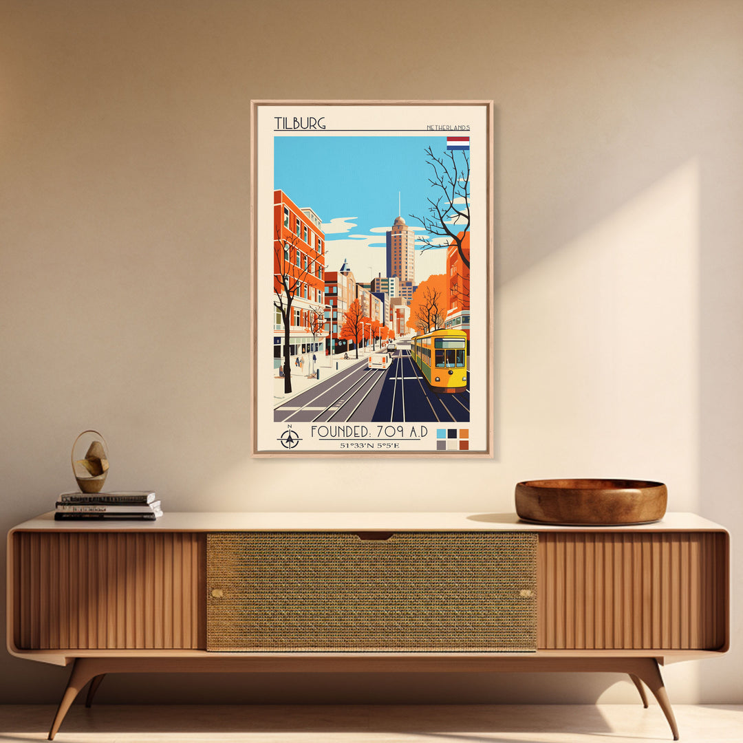 Tilburg Netherlands Travel Poster Framed Canvas Print, Midcentury Modern Art, Pop Art Wall Decor, Living Room Art, Vacation Gift