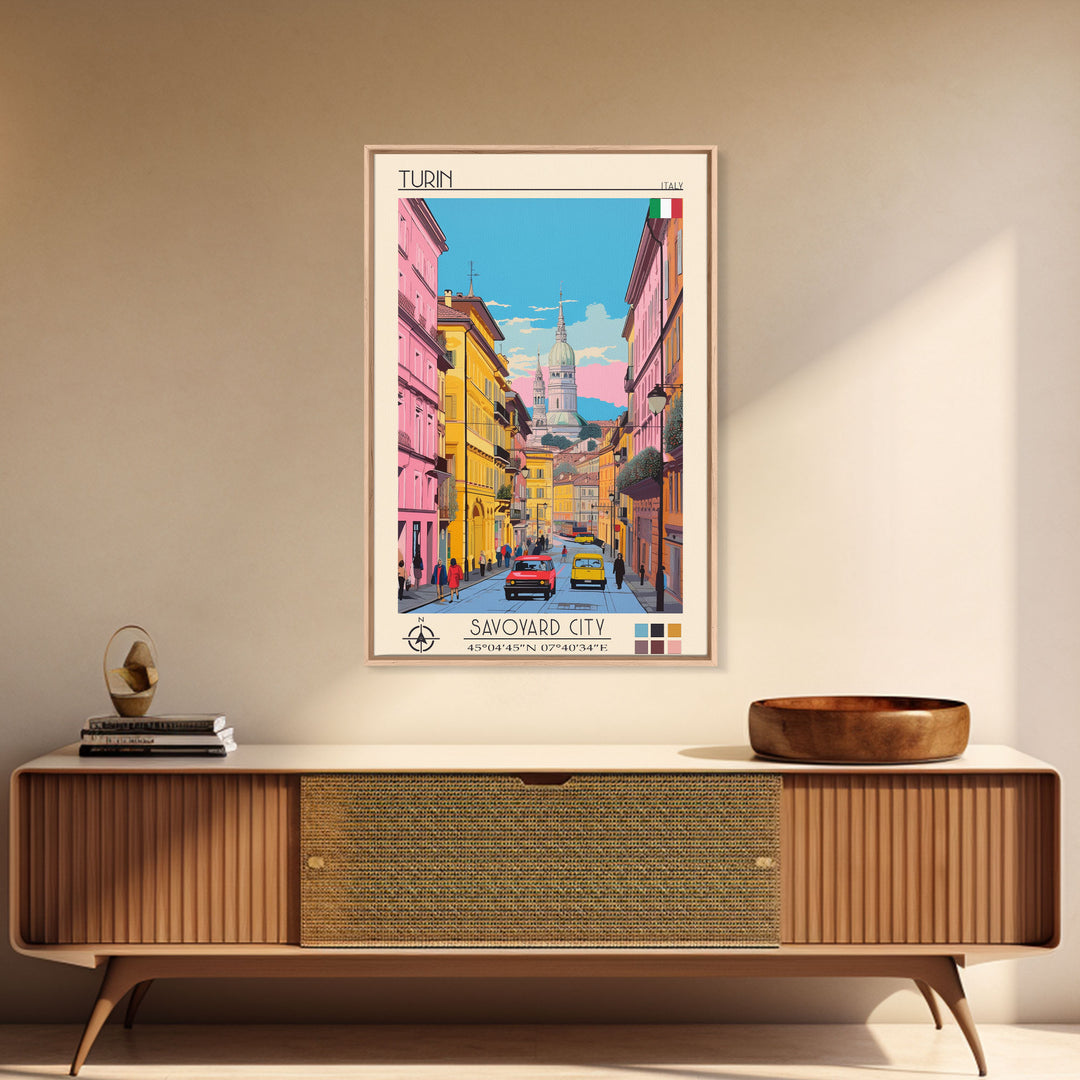 Turin Italy Travel Poster Framed Canvas Print, Midcentury Modern Art, Pop Art Wall Decor, Living Room Art, Home Decoration