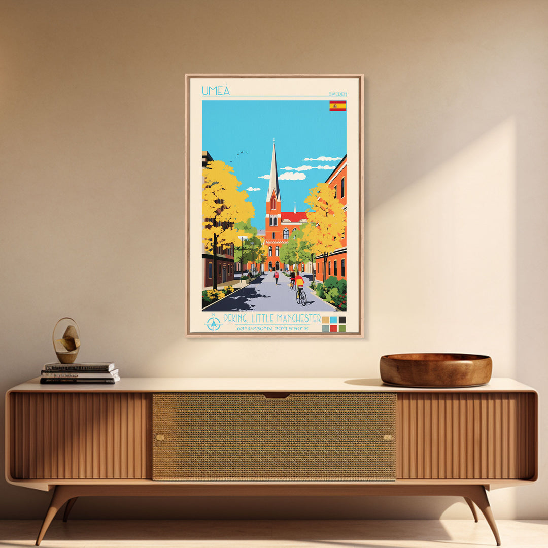 Umeå Sweden Travel Poster Framed Canvas Print, Midcentury Modern Art, Pop Art Wall Decor, Living Room Art, Vacation Gift