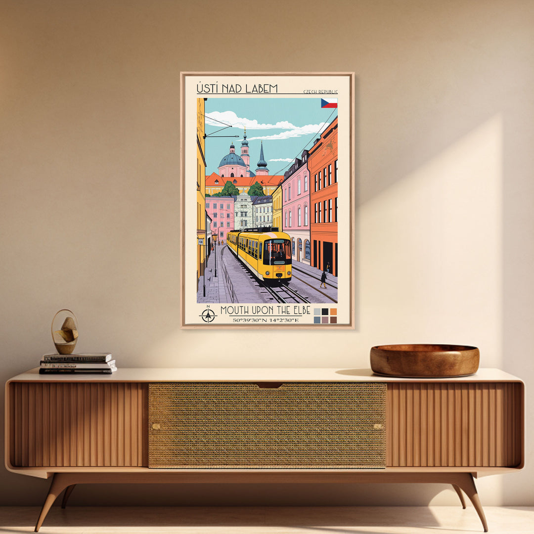 Ústí nad Labem Czech Republic Travel Poster Framed Canvas Print, Midcentury Modern Art, Pop Art Wall Decor, Living Room Art