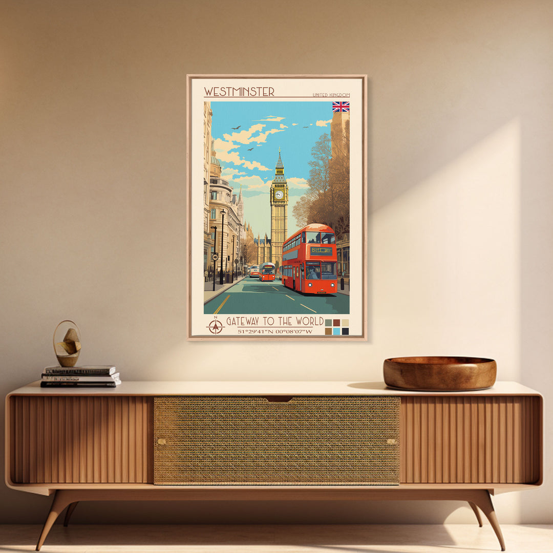 Westminster United Kingdom Travel Poster Framed Canvas Print, Midcentury Modern Art, Pop Art Wall Decor, Living Room Art, Home Decoration