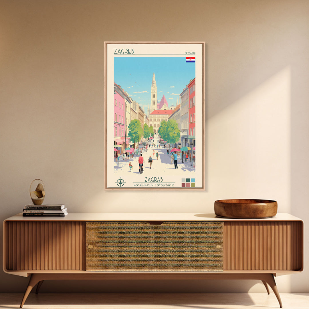 Zagreb Croatia Travel Poster Framed Canvas Print, Midcentury Modern Art, Pop Art Wall Decor, Living Room Art, Home Decoration