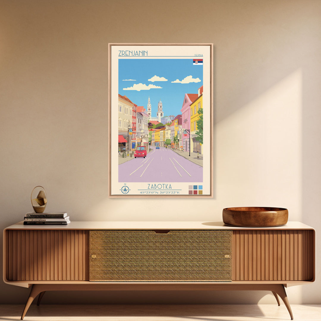 Zrenjanin Serbia Travel Poster Framed Canvas Print, Midcentury Modern Art, Pop Art Wall Decor, Living Room Art, Scenic Wall Art