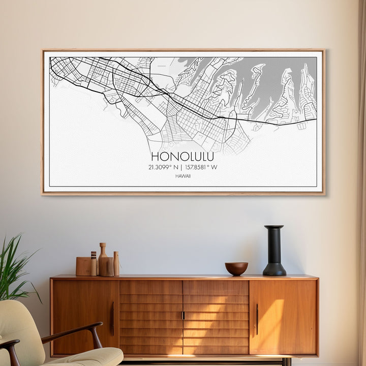 Honolulu City Map, Hawaii Map, Map Art, Modern Art, Wall Art, Canvas Art, Beach House Décor, Tiny House Décor, Unique Wall Art, Travel Gift