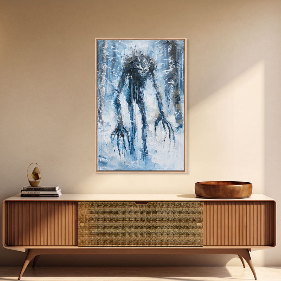 Wendigo in Winter Woods Framed Canvas Print, Eerie Winter Monster Decor, Halloween Creature Art Haunted Forest Wall Art Spooky Monster Print