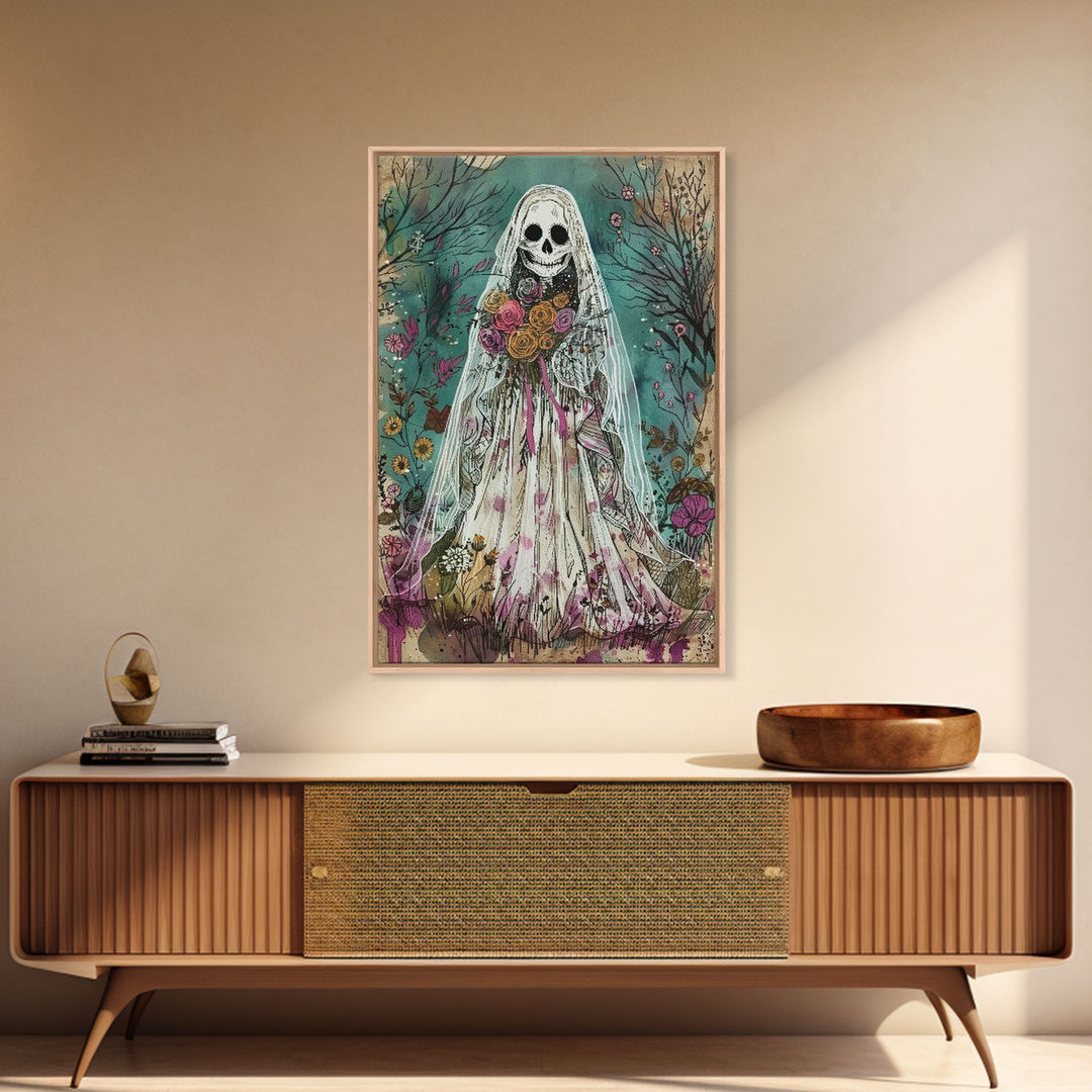 The Ghostly Bride, Cottage Core Ghost Decor, Cottagecore Halloween Art Framed Canvas Print, Unique Wall Art, Spooky Season Decor