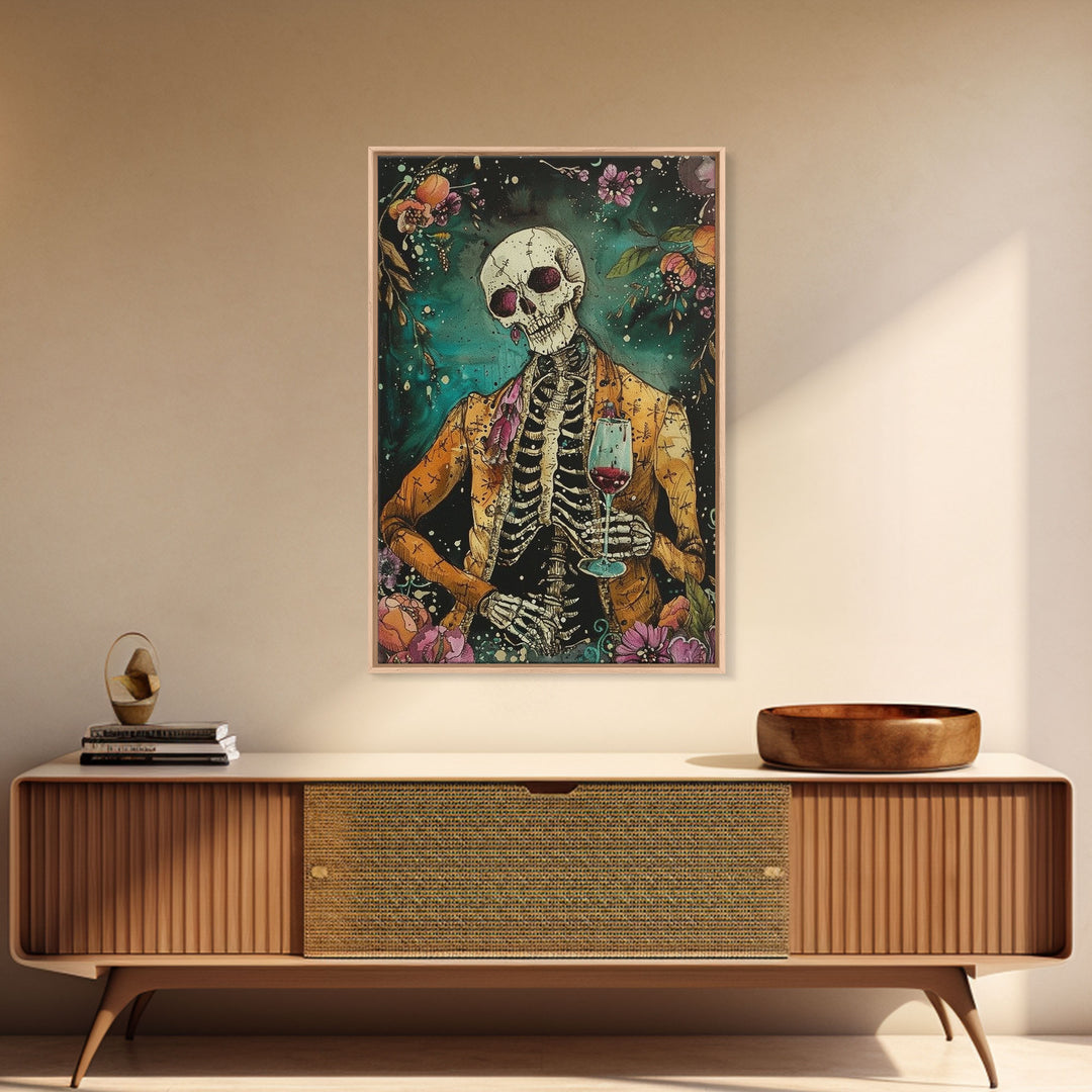 Skeleton Gentleman with Wine Glass Framed Canvas Print, Halloween Art, Creepy Wall Art, Spooky Home Decor, Scary Art, Unique Wall Decor