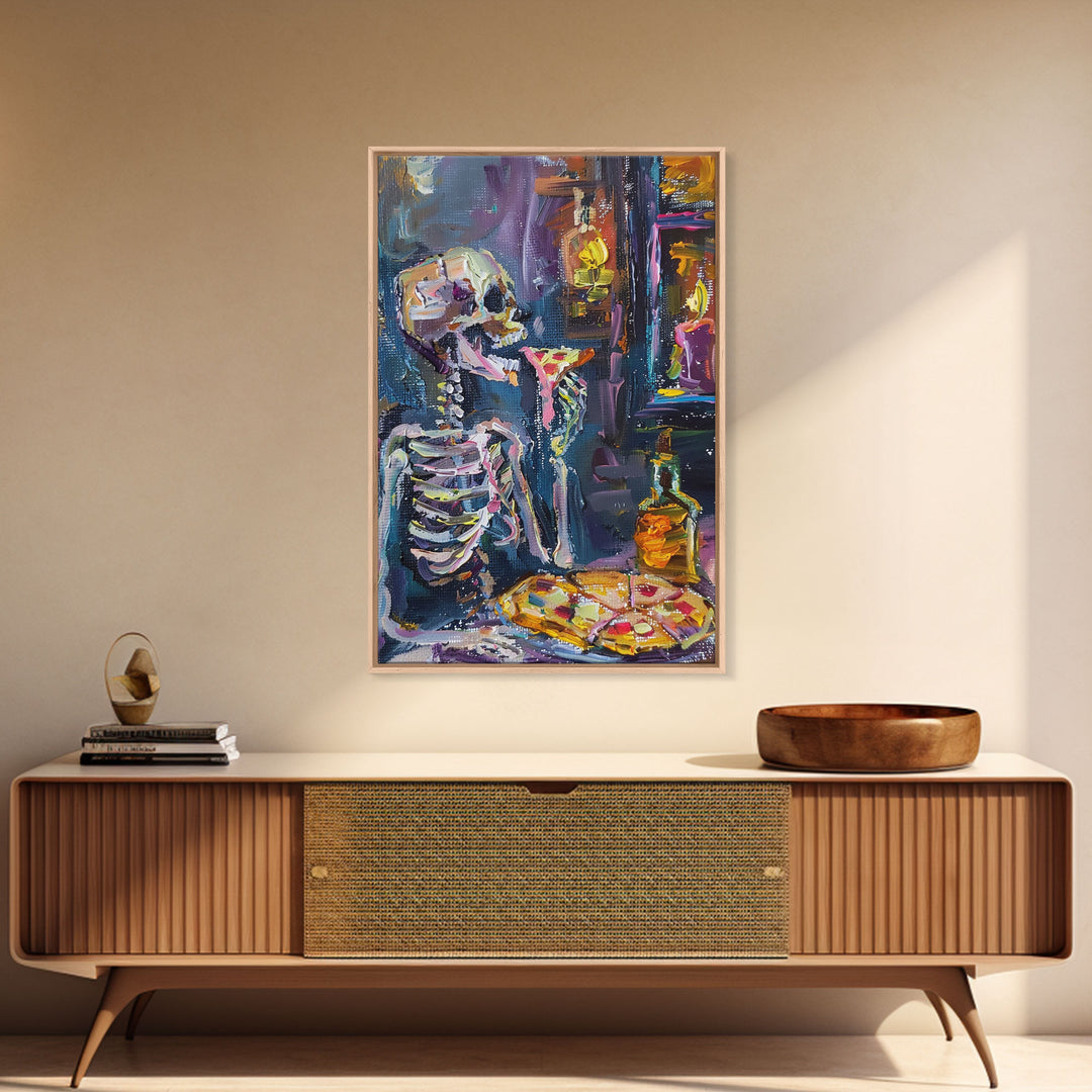 The Hungry Skeleton Chomps a Pizza, Funny Halloween Art, Framed Canvas, Halloween Poster