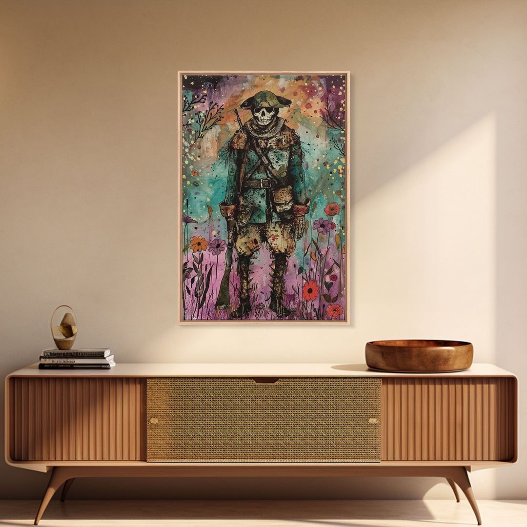 Skeleton Soldier Stands Amid Colorful Blooms, Blending Historical Charm and Spooky Halloween Style for Unique Wall Art