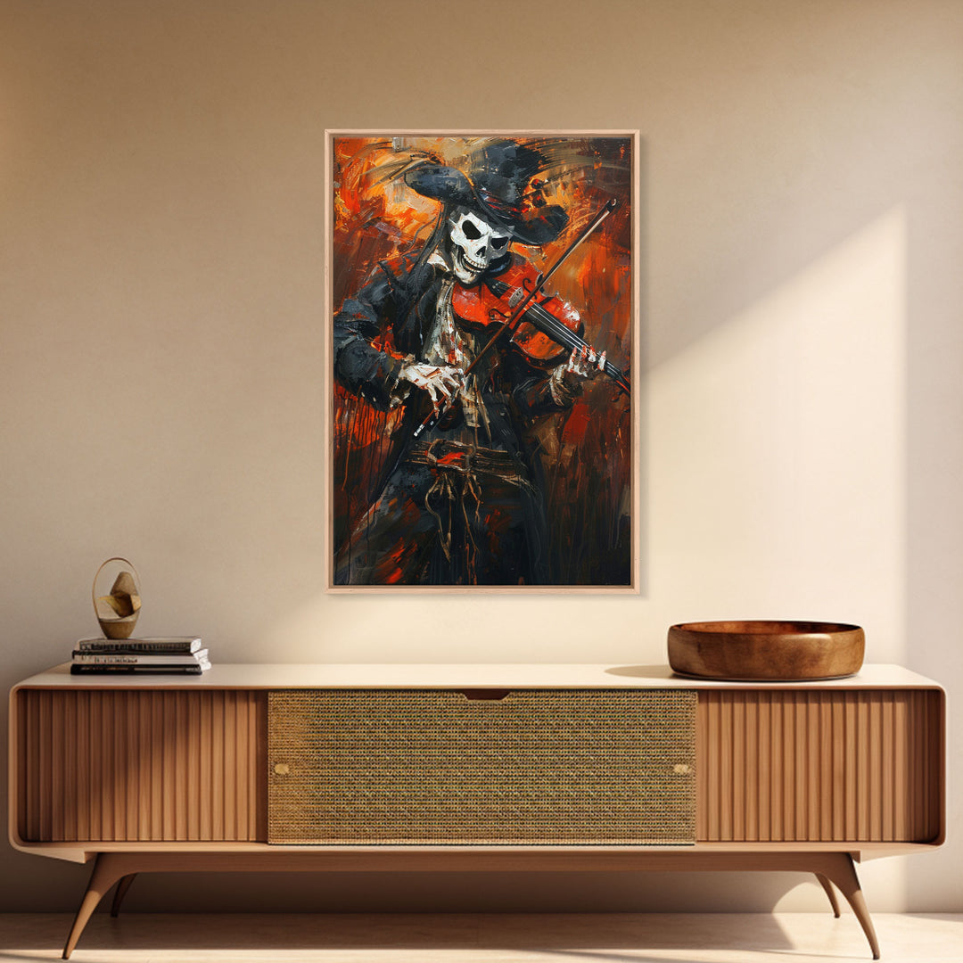 Skeleton Violinist Performing in Fiery Background | Halloween Wall Art | Spooky Home Decor Musician Skeleton Painting | Framed Canvas Print