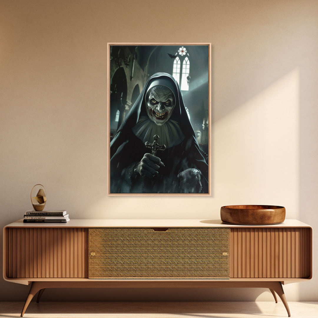 Sinister Nun with Crucifix in Haunted Church - Scary Halloween Themed Framed Canvas Print, Creepy Gothic Home Wall Decor