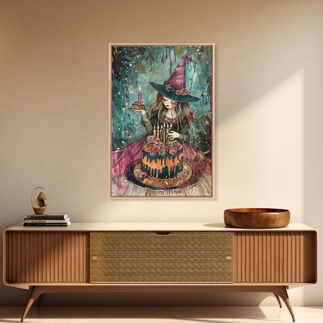 Witchy Birthday Party For One, Framed Canvas Print, Melancholy Witch Halloween Art