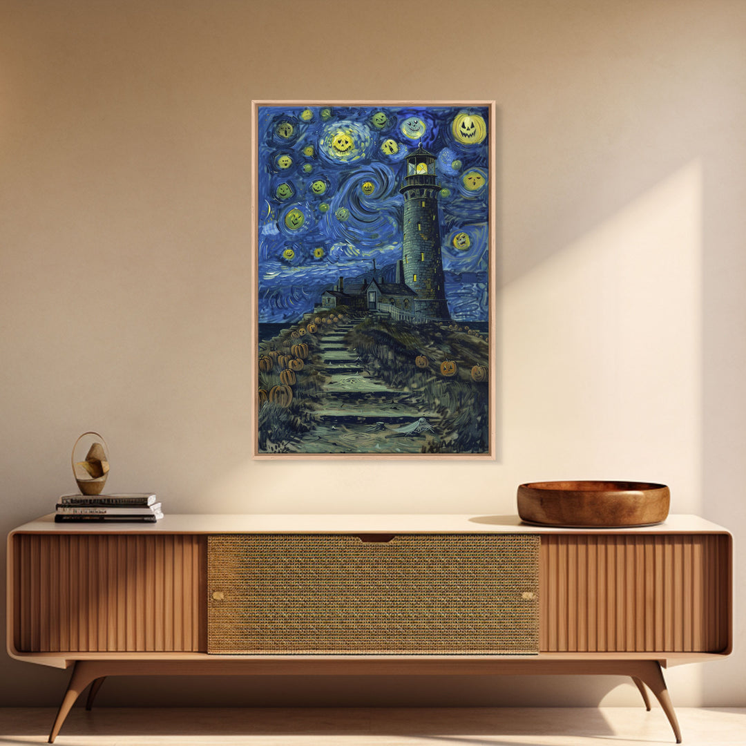 Starry Night Inspired Haunted Light House Framed Canvas Print, Van Gogh Inspired, Spooky Season Halloween Art