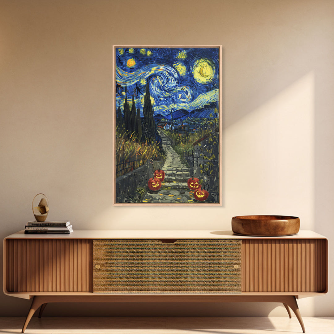 Spooky Starry Night Inspired Haunted Grave Yard Framed Canvas Print, Spooky Season Halloween Art