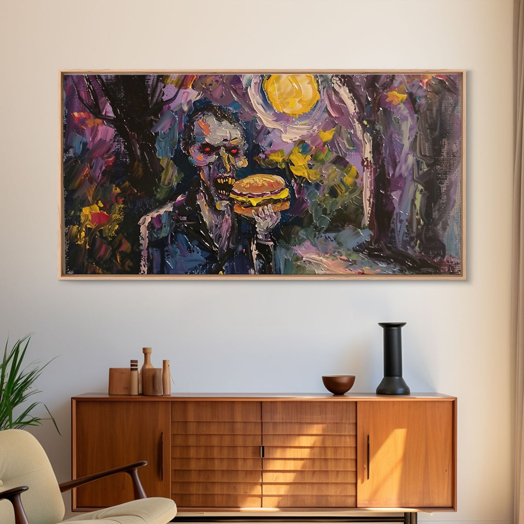 Vampire Having A Cheeseburger, Framed Canvas Print, Funny Halloween Decor