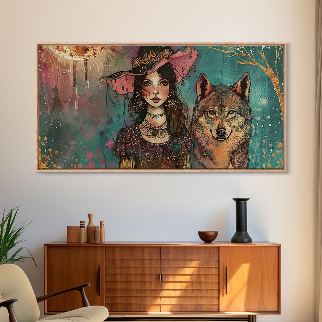 The Witch and The Wolf Familiar, Framed Canvas Print, Halloween Gift, Halloween Props, Halloween Wall Art