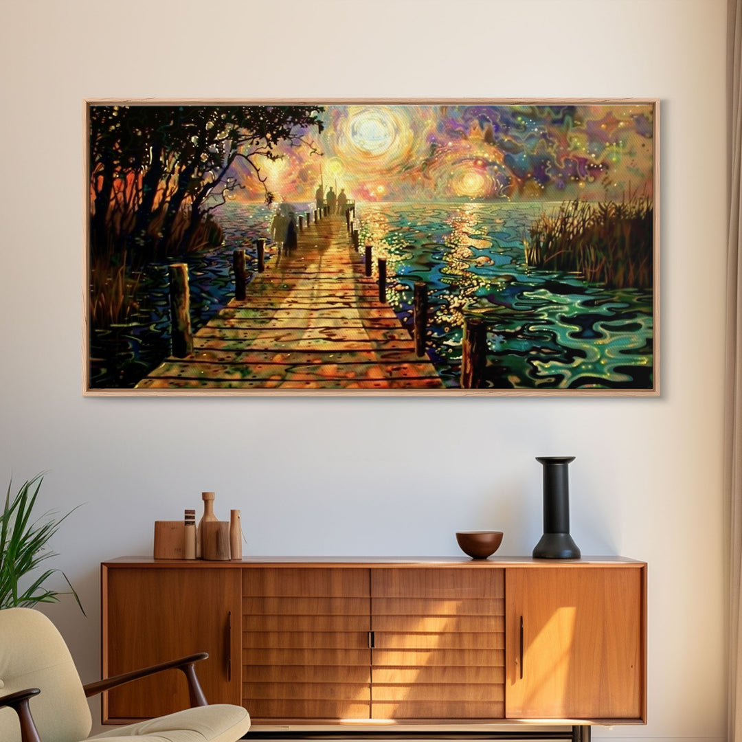 Starry Night Inspired Haunted Ghostly Docks At Night, Framed Canvas Print, Halloween Decor