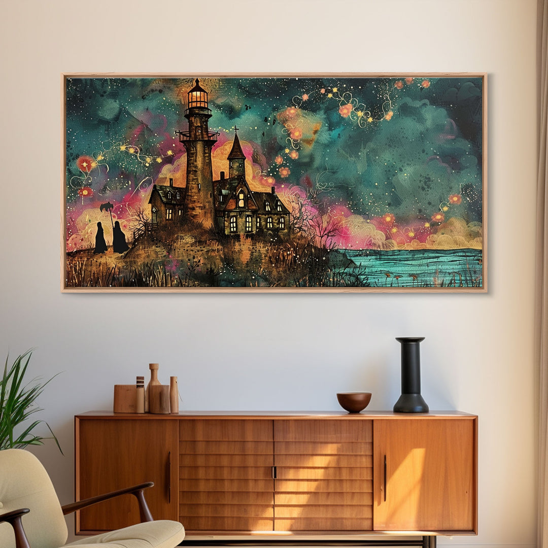 The Haunted Light House, Abstract Art, Framed Canvas Print, Original Midcentury Style Lighthouse Painting Wall Decor