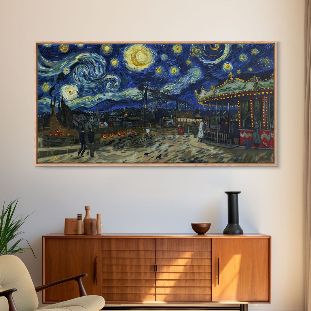 Spooky Haunted Carnival, Framed Canvas Print, Starry Night Inspired Spooky Season Wall Art, Halloween Prop