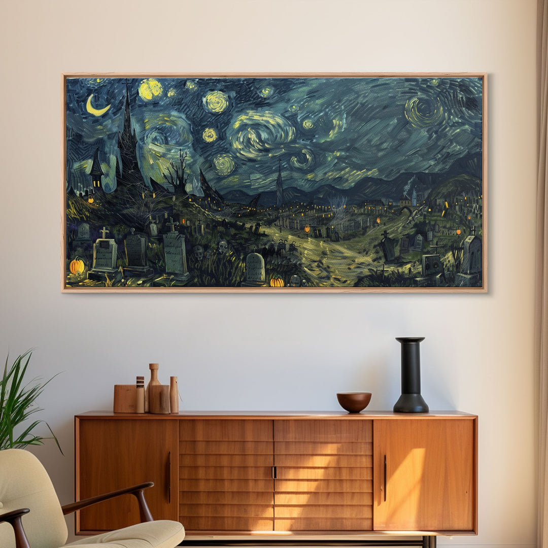 Starry Night Inspired Haunted Cemetery Framed Canvas Print, Halloween Wall Decor, Art Prints, Creepy Art