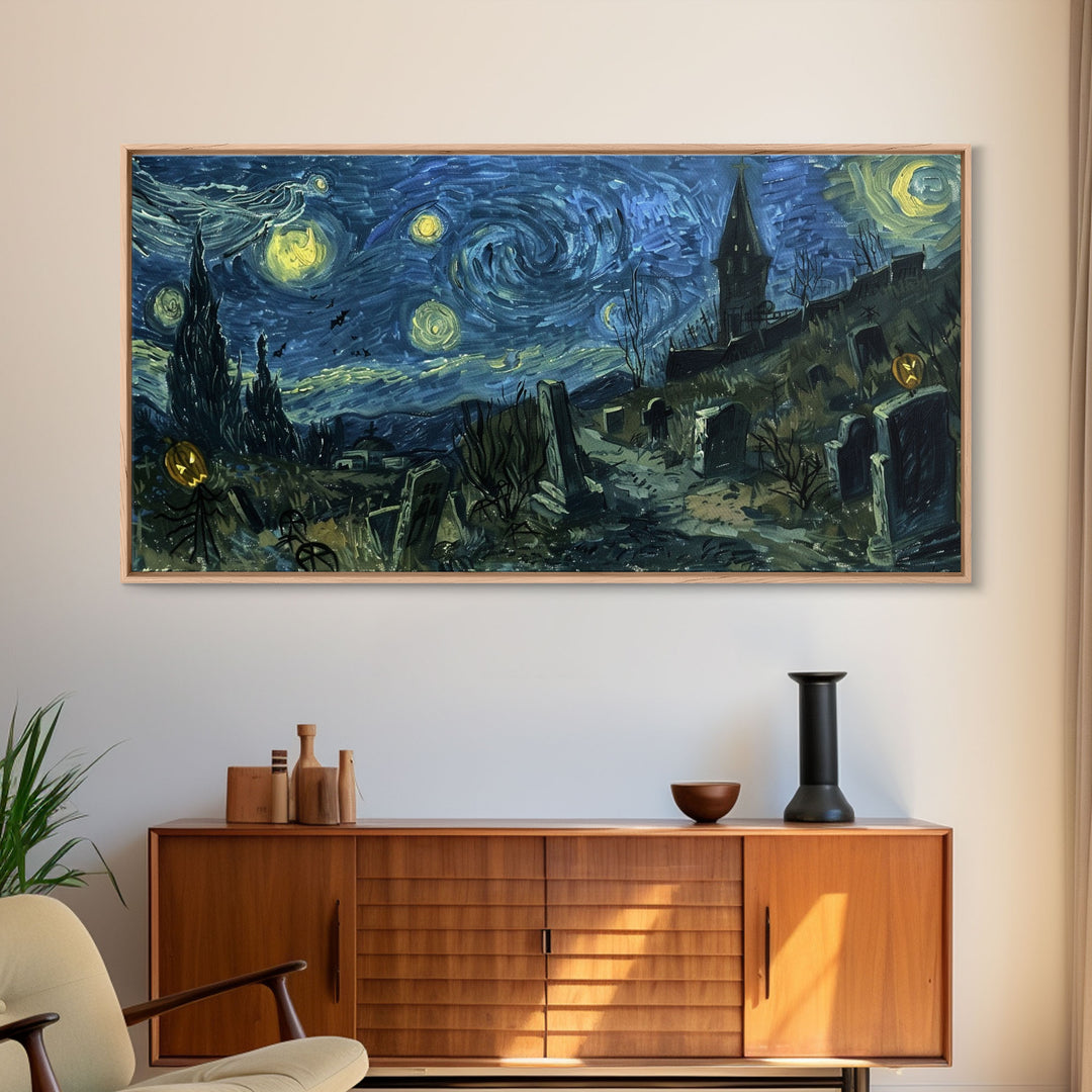 Starry Night Inspired Haunted Cemetery Framed Canvas Print, Halloween Wall Decor, Art Prints, Creepy Art, Spooky Vibes