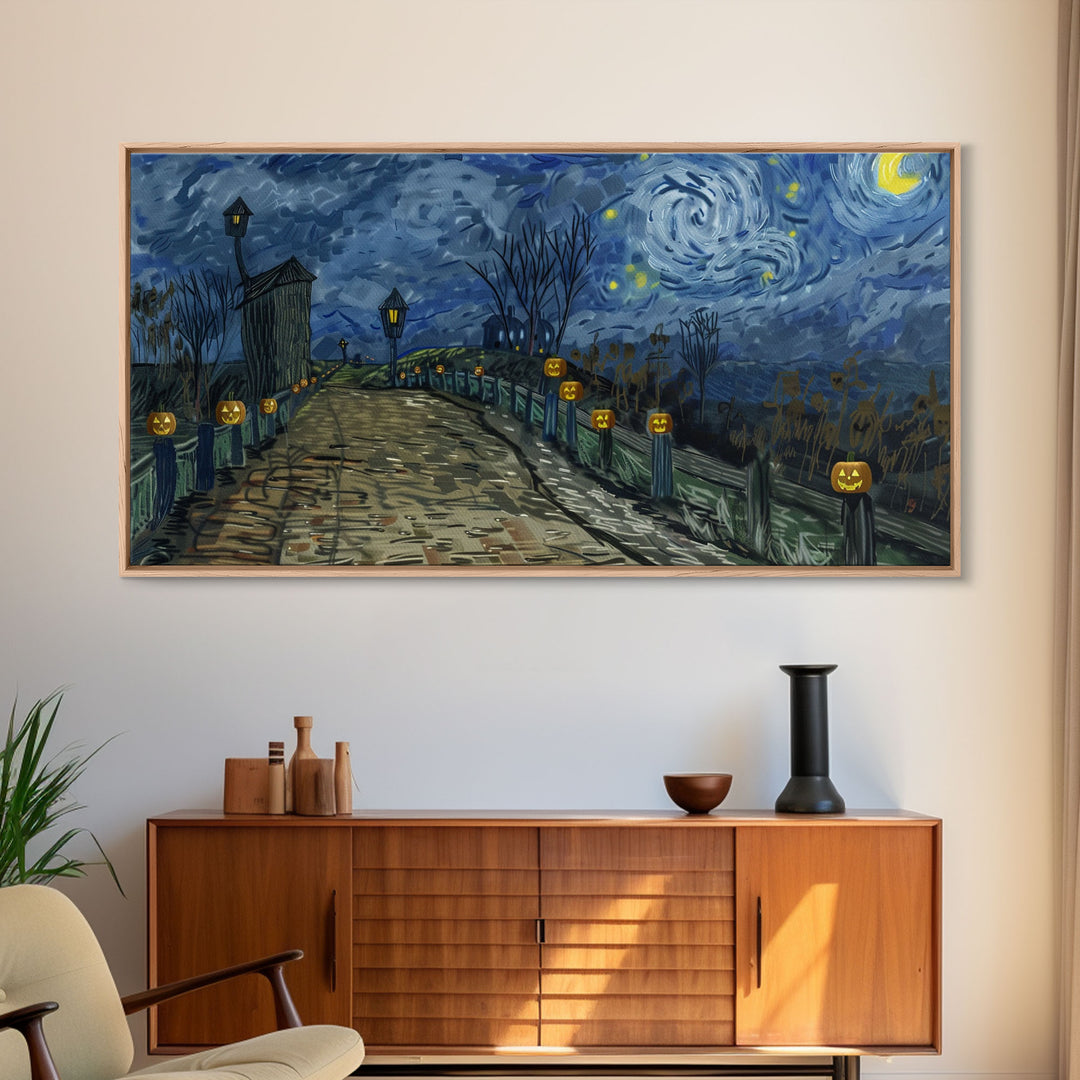 The Haunted Bridge, Framed Canvas Print, Spooky Home Decor, Starry Night Inspired