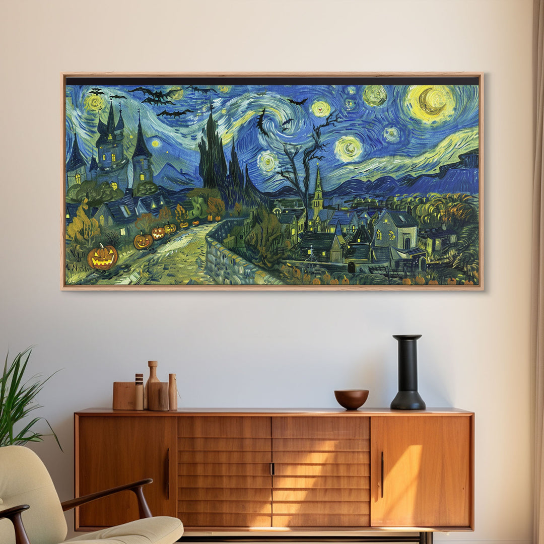 Spook Vibes Wall Art - Framed Canvas Print - Victorian Era London Starry Night Inspired Spooky Month Decor