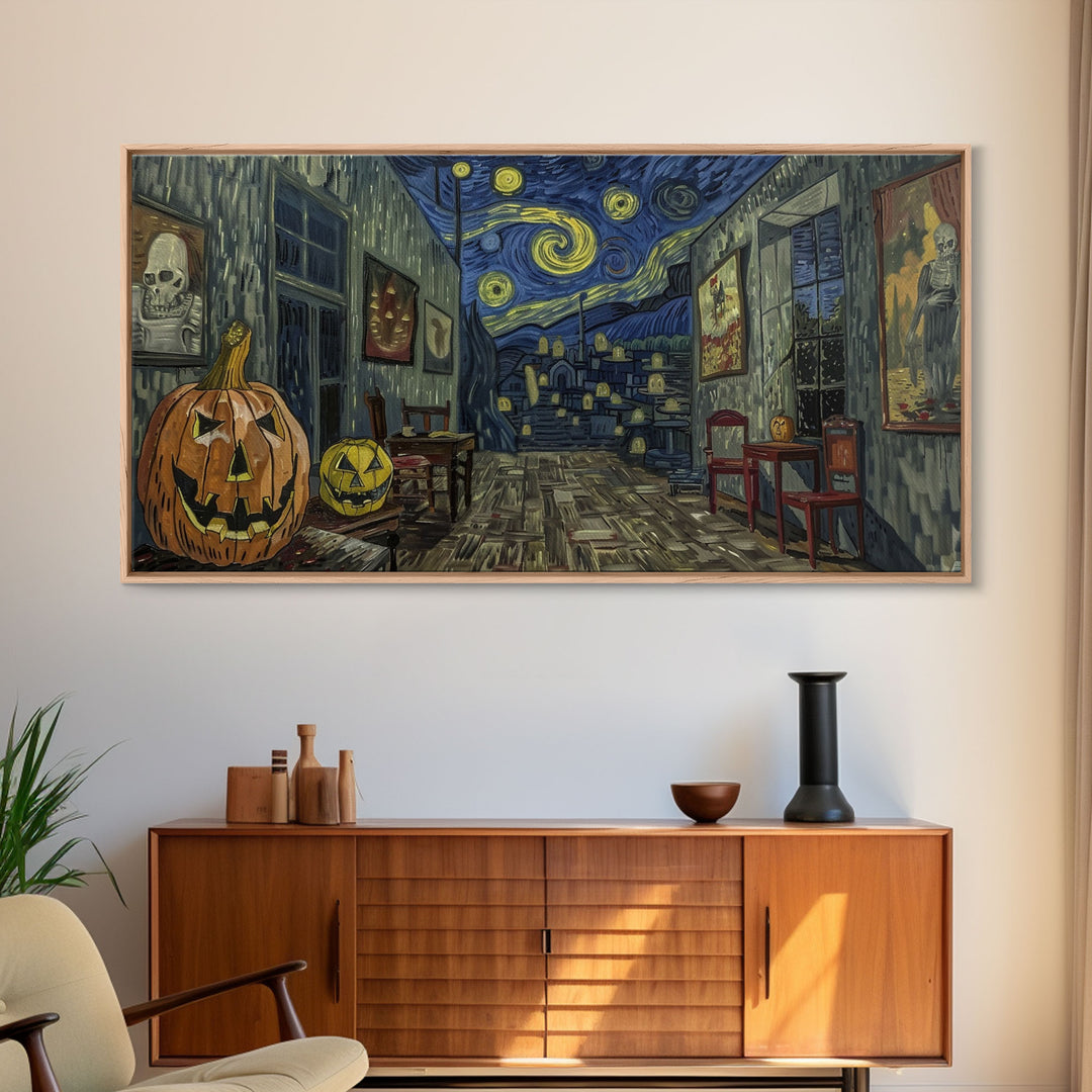 Starry Night Inspired Halloween Decor, Framed Canvas Print, Haunted Grave Yard