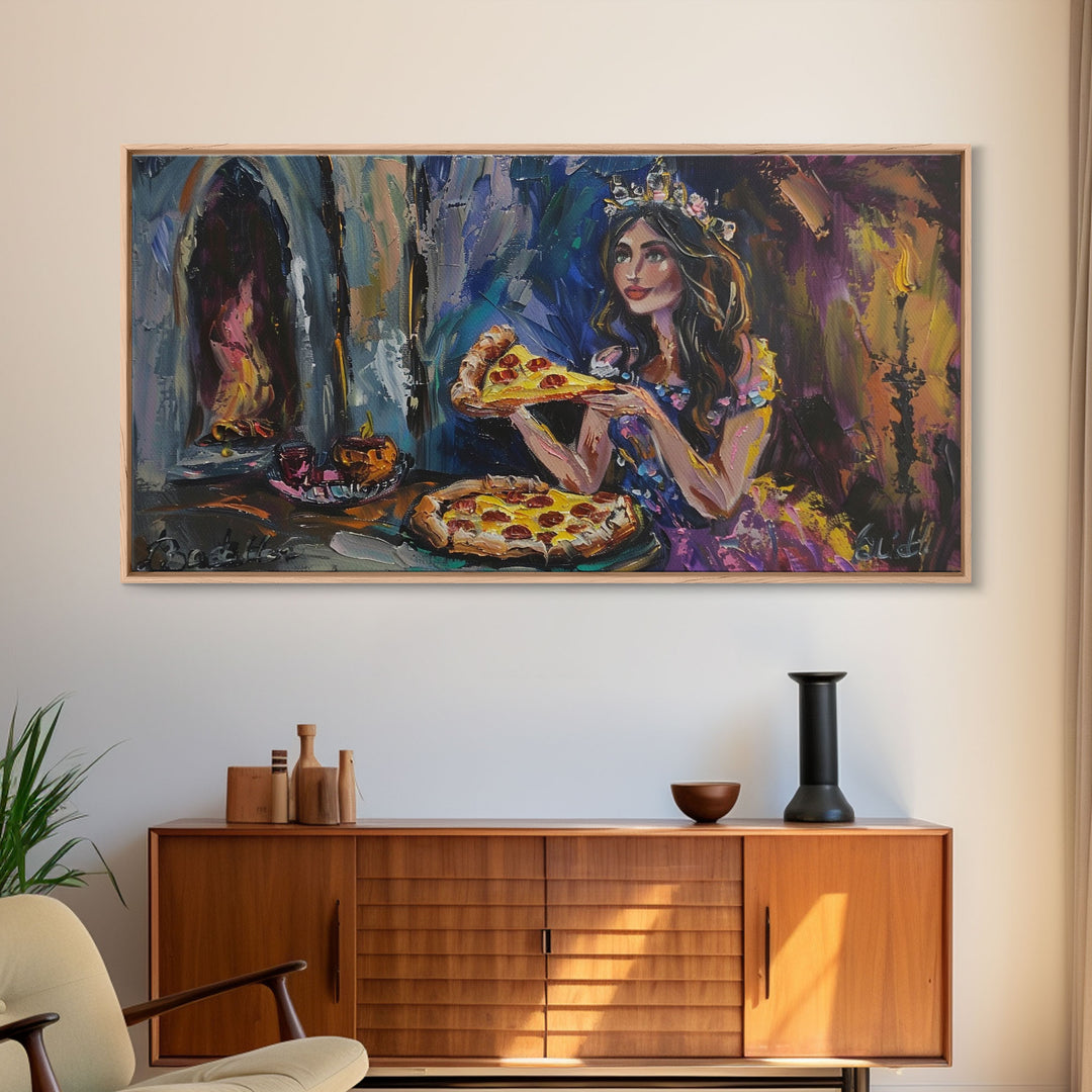 The Princess and the Pizza, Framed Canvas Print, Funny Decor, Funny Art