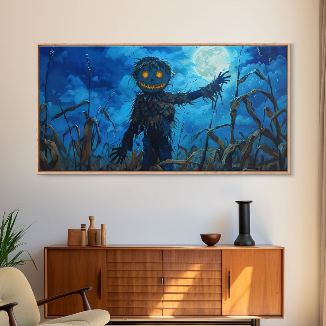 Spooky Jack O' Lantern Scarecrow, Framed Canvas Print, Dark Academia, Halloween Decor, Spooky Season Wall Art