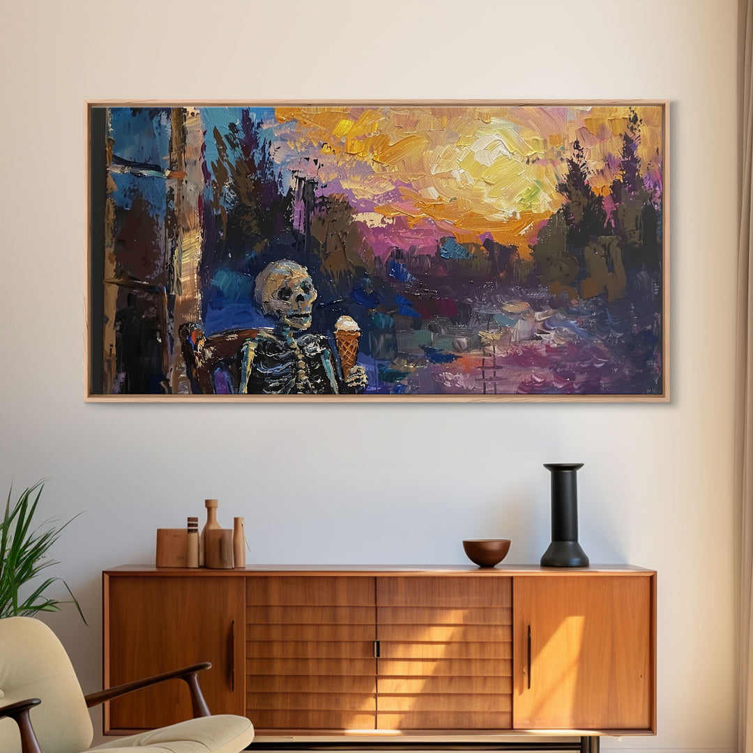 Spooky Skeleton having an ice cream cone at sunset, framed canvas print, funny halloween decor, halloween art