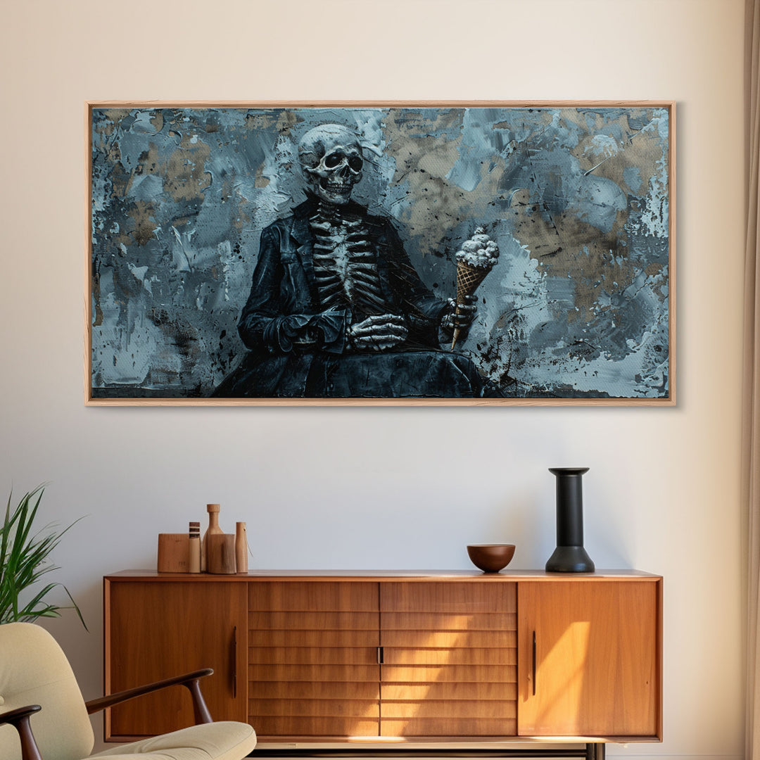 Skeleton Having an Ice Cream Cone, Macabre Wall Art, Framed Canvas Print, Spooky Halloween Art