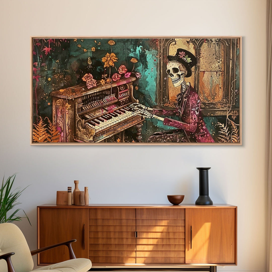 Skeleton Playing The Piano, Framed Canvas Print, Halloween Decor, Spooky Month Home Decor