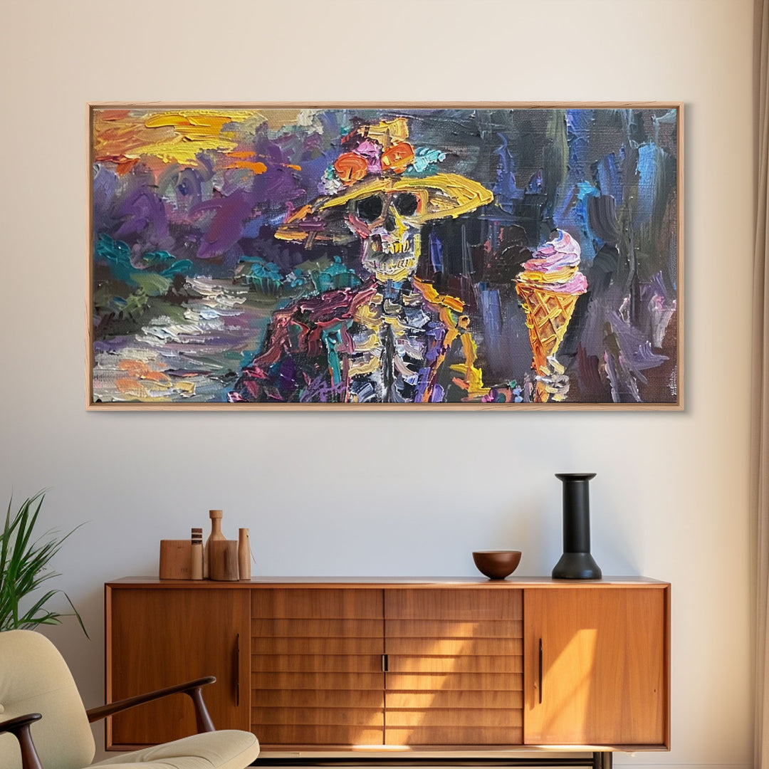 Skeleton In A Flower Hat Having an Ice Cream, Framed Canvas Print, funny Halloween Wall Art