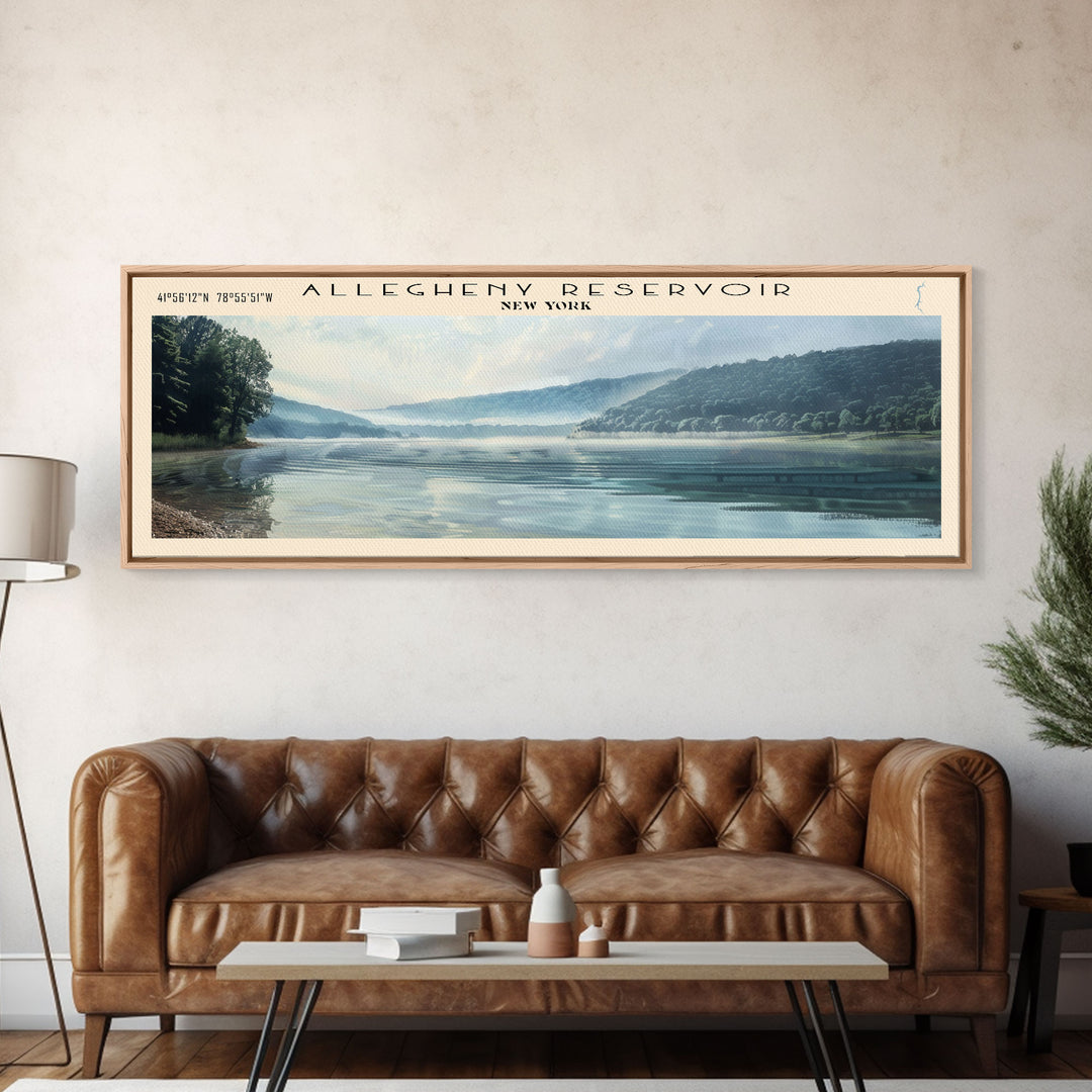 Allegheny Reservoir New York Panoramic Framed Canvas Print, Lake House Decor, Abstract Landscape, Travel Poster, Modern Wall Art, Calm Waters