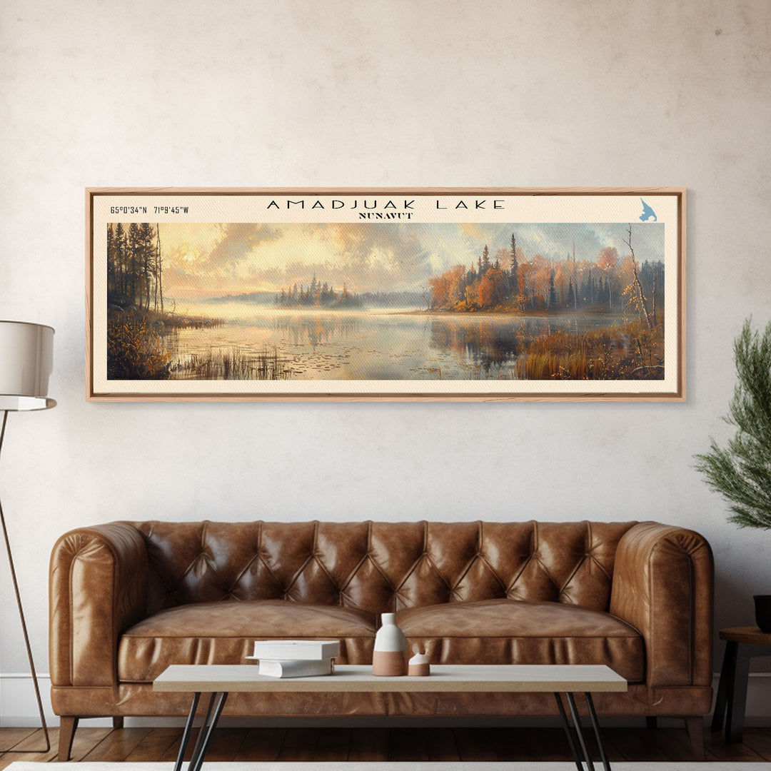 Amadjuak Lake Panoramic Framed Canvas Print, Lake House Decor, Minimalist Art, Travel Poster, Scenic View, Nature Wall Art