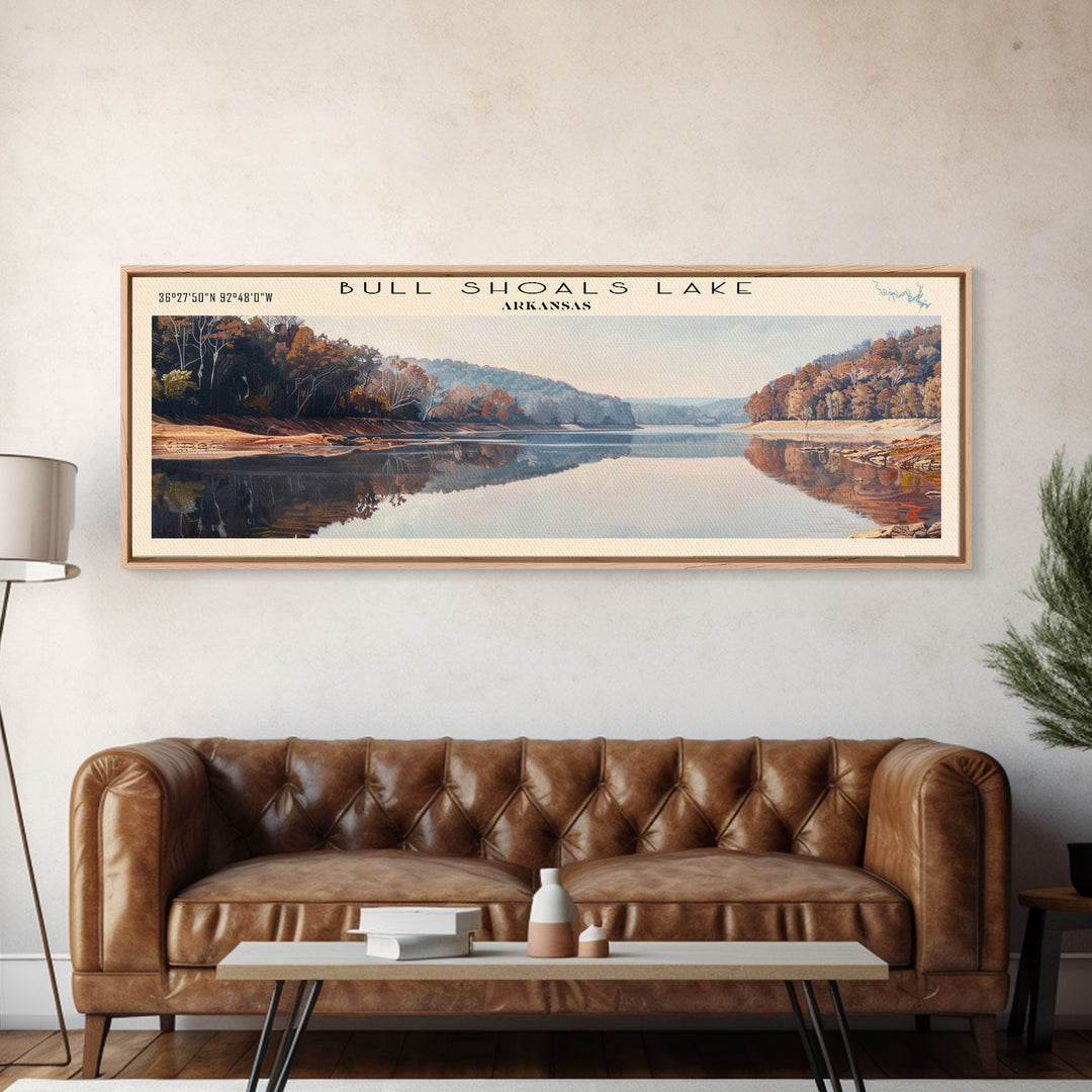 Bull Shoals Lake Arkansas Framed Canvas Print, Lake House Art, Panoramic Wall Art, Travel Poster, Rustic Lake Painting, Home Decor