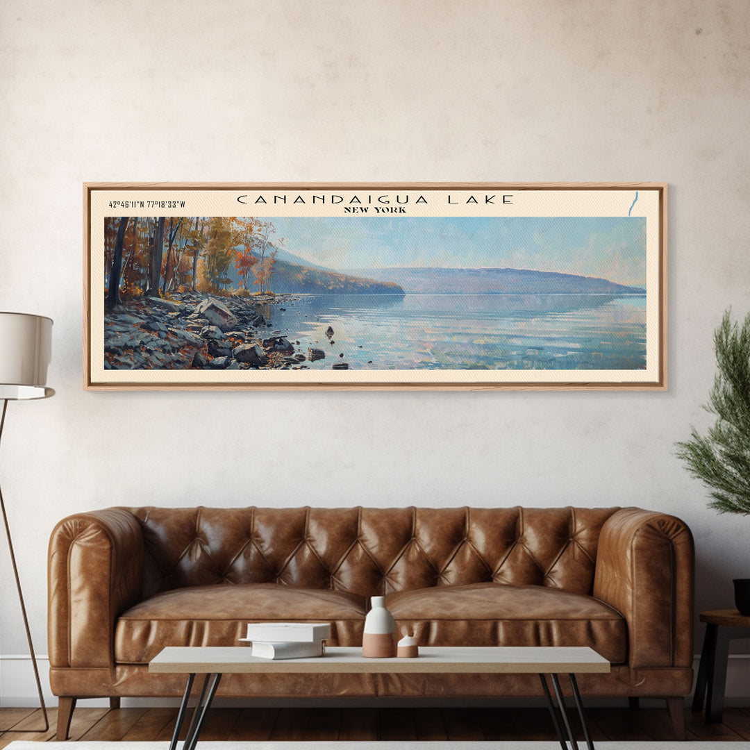 Canandaigua Lake New York Framed Canvas Print, Lake House Art, Panoramic Wall Art, Travel Poster, Modern Lake Painting, Nature Art