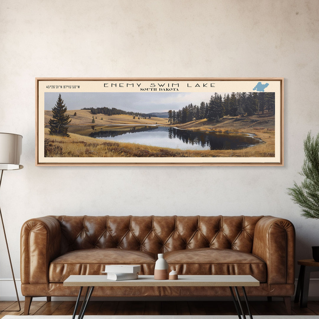 Enemy Swim Lake South Dakota Framed Canvas Print, Lake House Decor, Panoramic Wall Art, Travel Poster, Rustic Lake Painting, Home Decor