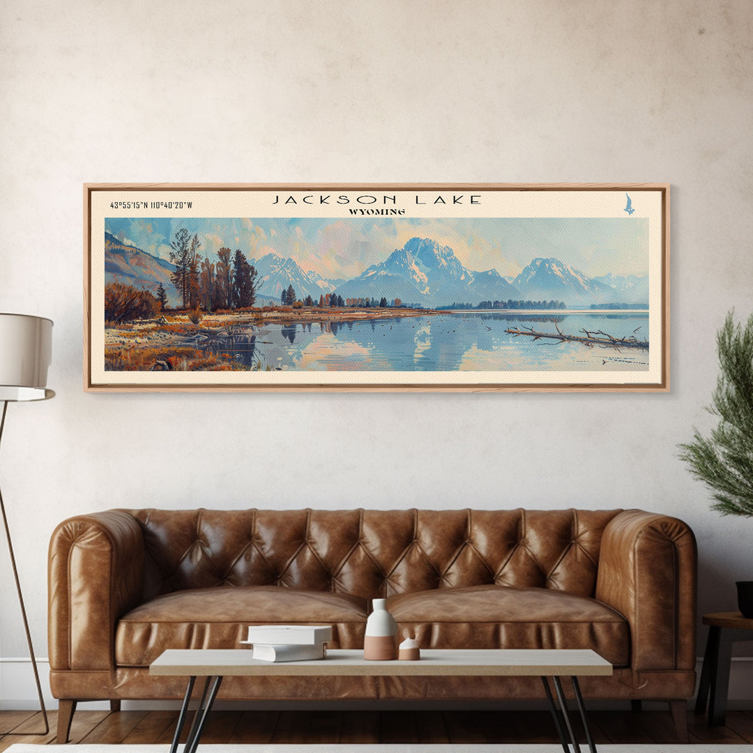 Jackson Lake Wyoming Framed Canvas Print, Lake House Art, Panoramic Wall Art, Travel Poster, Stunning Lake Painting, Nature Art