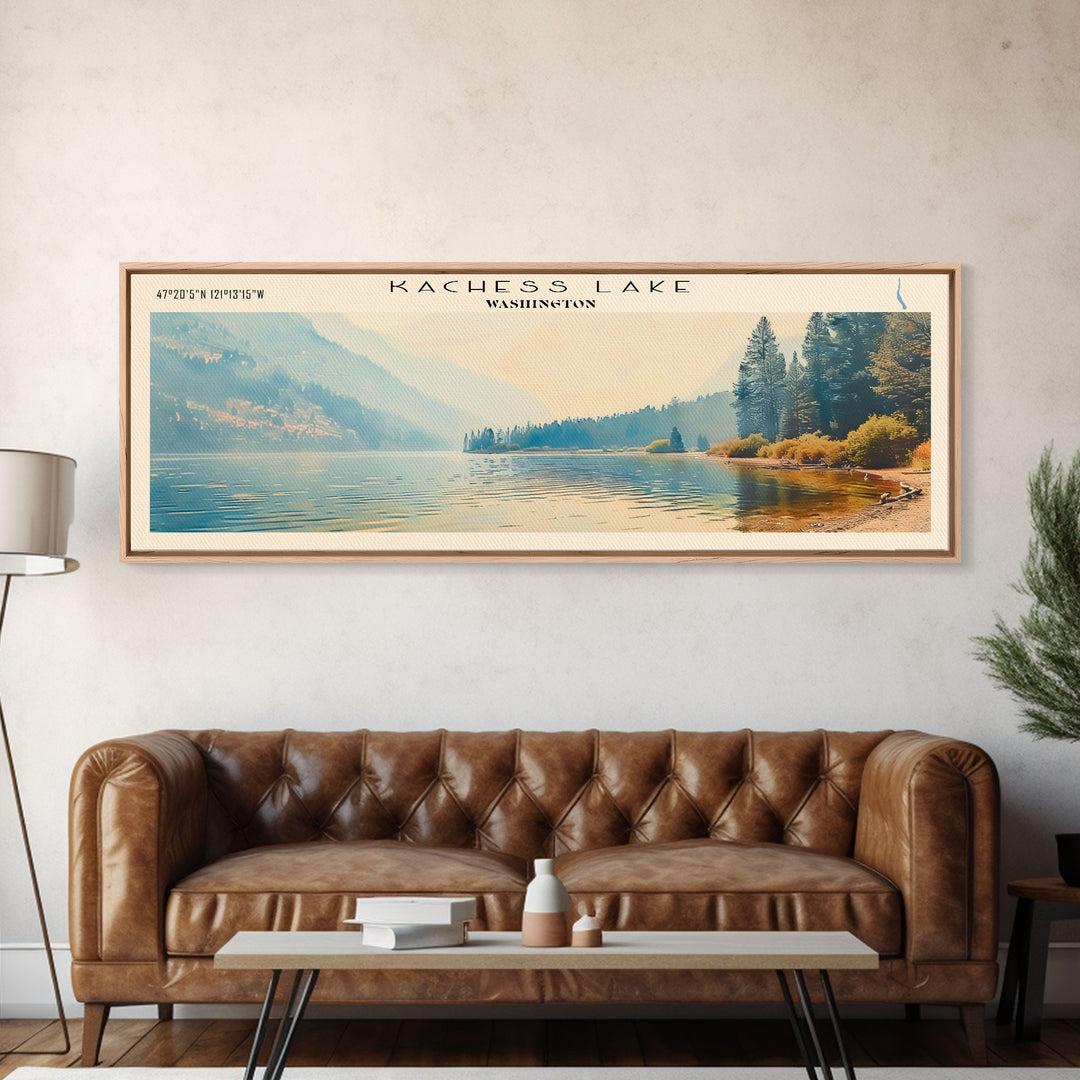 Kachess Lake Washington Framed Canvas Print, Lake House Art, Panoramic Wall Art, Travel Poster, Beautiful Lake Painting, Home Decor