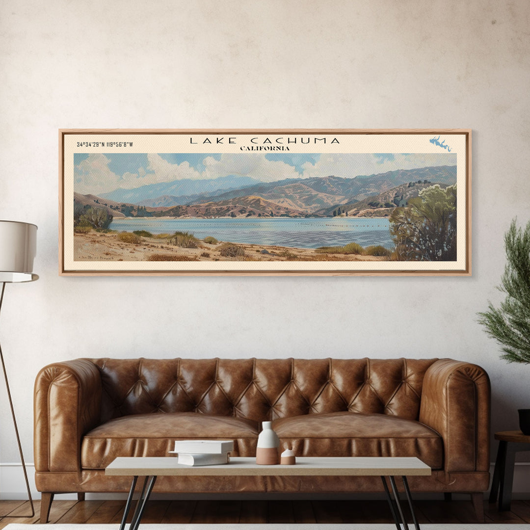 Lake Cachuma California Framed Canvas Print, Panoramic Lake House Decor, Wall Art, Travel Poster, Captivating Lake Painting, Nature Art