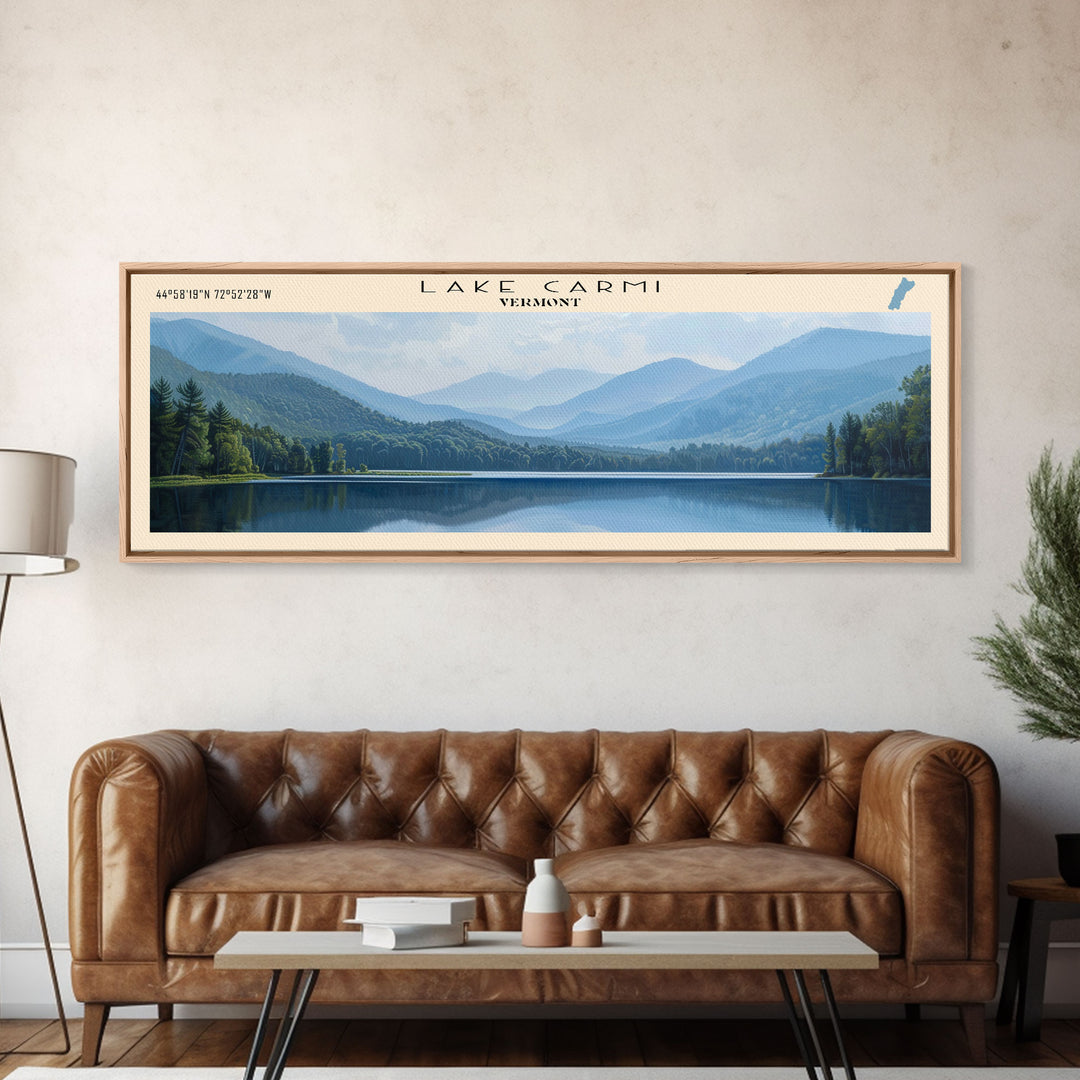 Lake Carmi Vermont Framed Canvas Print, Lake House Decor, Panoramic Wall Art, Travel Poster, Beautiful Lake Painting, Home Decor