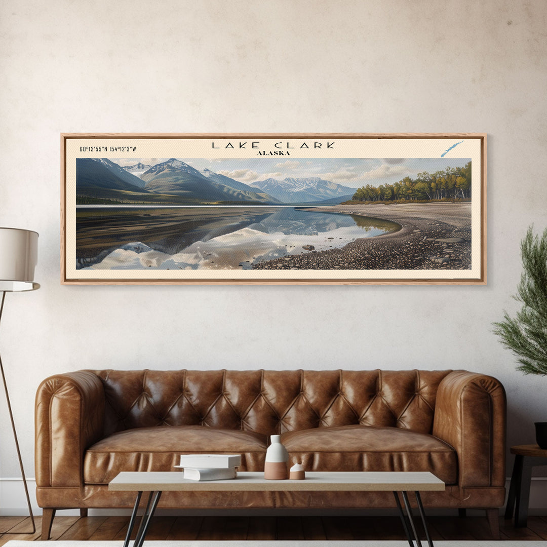 Lake Clark Framed Canvas Print, Lake House Decor, Panoramic Wall Art, Travel Poster, Scenic Lake Painting, Nature Art