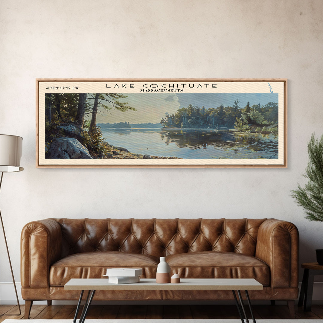 Lake Cochituate Massachusetts Framed Canvas Print, Lake House Decor, Panoramic Wall Art, Travel Poster, Beautiful Lake Painting, Nature Art