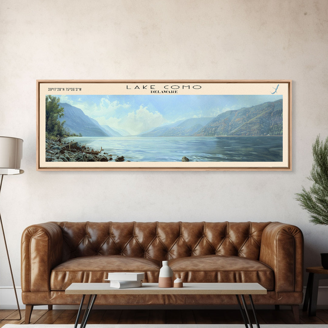 Lake Como Delaware Framed Canvas Print, Lake House Decor, Panoramic Wall Art, Travel Poster, Stunning Lake Painting, Nature Art