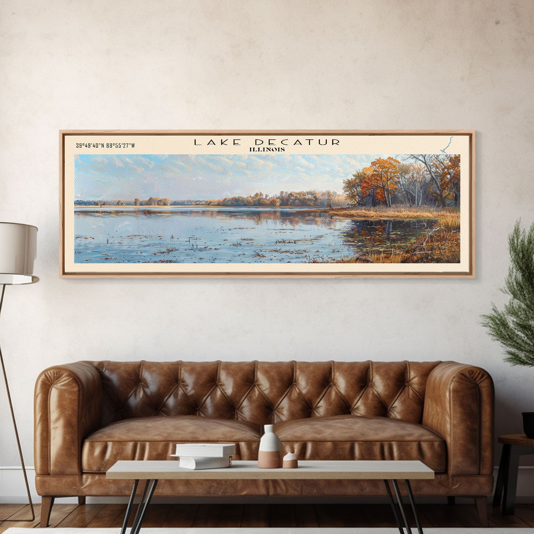 Lake Decatur Illinois Framed Canvas Print, Lake House Decor, Panoramic Wall Art, Travel Poster, Beautiful Lake Painting, Nature Art