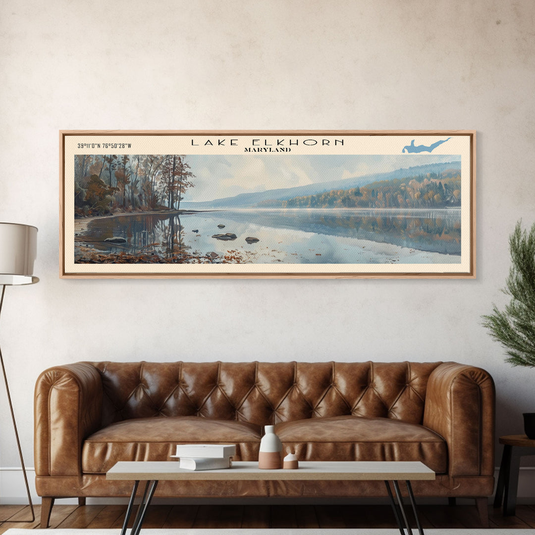 Lake Elkhorn Maryland Framed Canvas Print, Lake House Decor, Panoramic Wall Art, Travel Poster, Serene Lake Painting, Nature Art